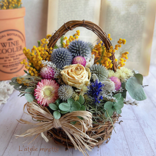 ❁ドライフラワー❁プリザーブドフラワー ナチュラル花かごリース