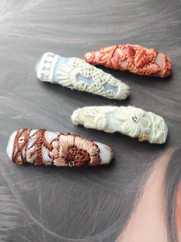 インド刺繍リボンのぱっちんピン（スリーピン）4本セット 4枚目の画像