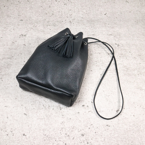 イタリアンレザー 巾着バッグ SMALL ／ブラック ショルダー