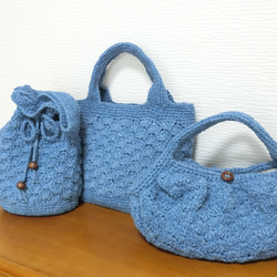 藍染め手編みミニトートバッグ 　松編み　半柄 8枚目の画像