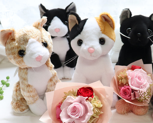 リクエスト専用　紫の花束　猫　5個セット はにゃぎふと 」プリザーブドフラワー 花束 黒猫 三毛猫 茶トラ