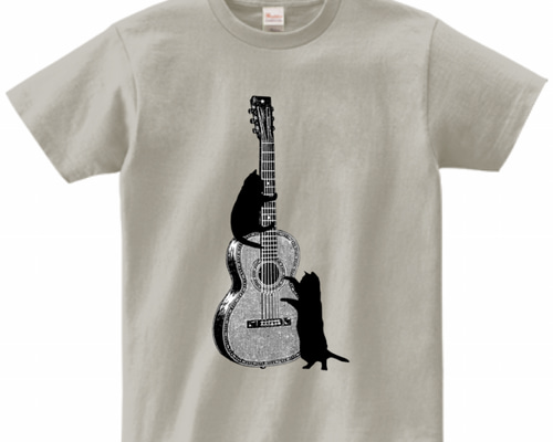 ギターと黒猫のTシャツ(シルバーグレー) Tシャツ でぶねこ 通販