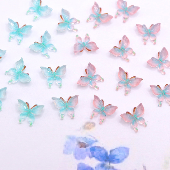 新作★ 変色する蝶々デコパーツ   樹脂パーツ　エメラルドブルー→チェリーピンク×ブルー 12枚目の画像