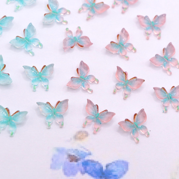 新作★ 変色する蝶々デコパーツ   樹脂パーツ　エメラルドブルー→チェリーピンク×ブルー 11枚目の画像