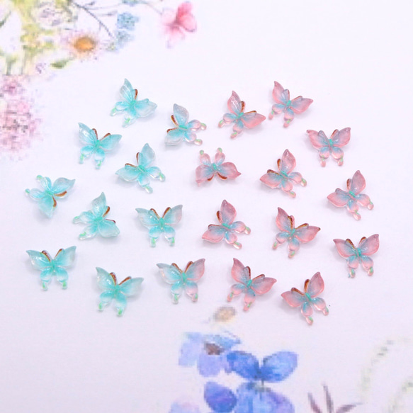 新作★ 変色する蝶々デコパーツ   樹脂パーツ　エメラルドブルー→チェリーピンク×ブルー 9枚目の画像