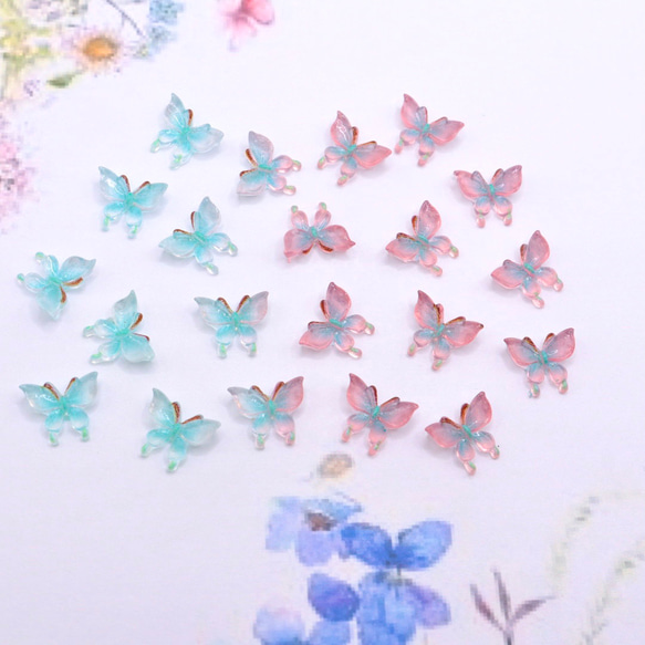 新作★ 変色する蝶々デコパーツ   樹脂パーツ　エメラルドブルー→チェリーピンク×ブルー 6枚目の画像