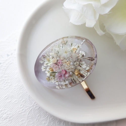 クリアレジンお花のポニーフック パープルカラー ボタニカル