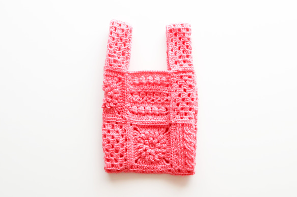 ４種モチーフのクロシェバッグ　Crochet motif×bright pink／クロシェ 2枚目の画像