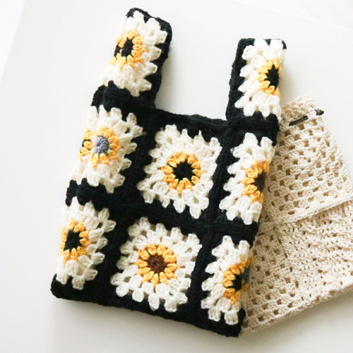 美品☆MARNI マルニ　フィッシュバッグ　クロシェ　フラワー　ひまわりブラウン 向日葵モチーフのクロシェバッグ black／クロシェ トートバッグ