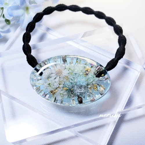 レジンヘアゴム　大ぶり　ブルーホワイト　リース　お花たっぷりおしゃれ 0_bd3a4e648aacc95fea60012477cc