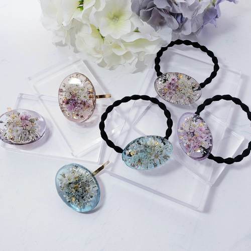 レジンヘアゴム　お花　ブルー　ビオラ　クリア　春夏　ミモザ レジンヘアゴム お花 ブルー ビオラ クリア 春夏 ミモザ レジン