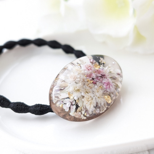 クリアレジンお花のヘアゴム ブラウン ボタニカル ドライ