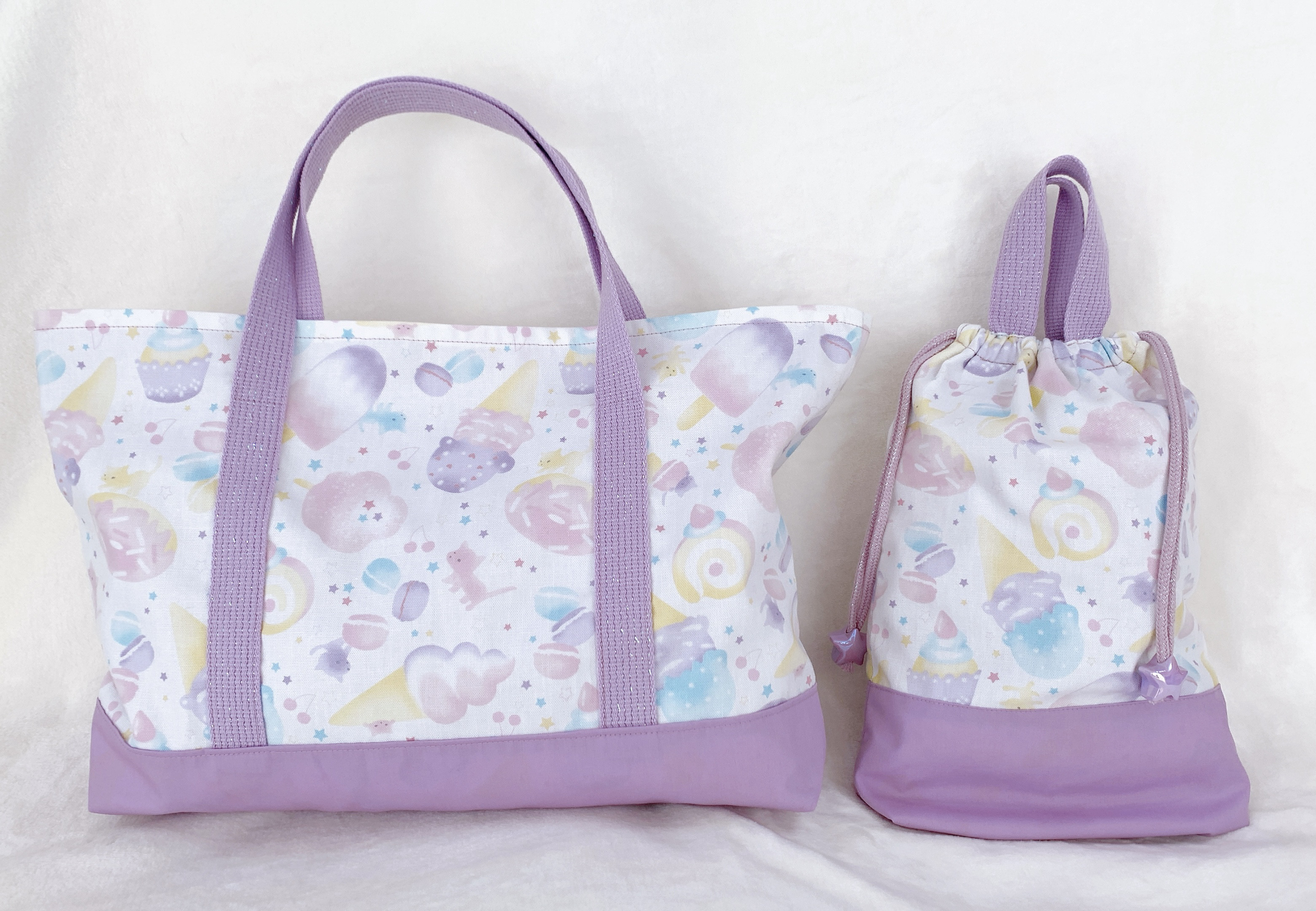 【ラメ入り♪】ふんわりカラー手さげバッグ&シューズバッグセット☆ホワイト×パープル