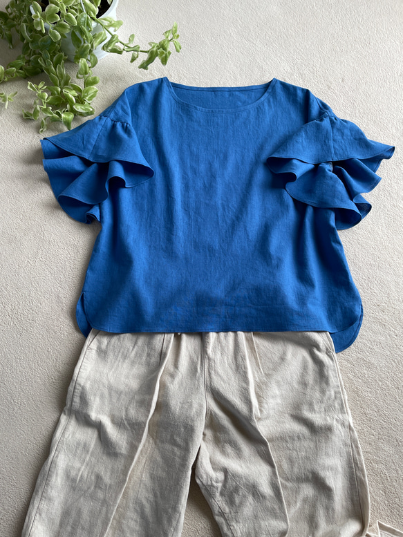 『晴れやかブルー2024』ワッシャータンブラーコットン送料無料新色素敵なフリル袖のブラウスロイヤルブルー 8枚目の画像