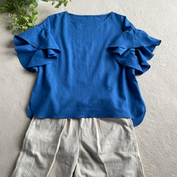 『晴れやかブルー2024』ワッシャータンブラーコットン送料無料新色素敵なフリル袖のブラウスロイヤルブルー 3枚目の画像
