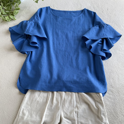 『晴れやかブルー2024』ワッシャータンブラーコットン送料無料新色素敵なフリル袖のブラウスロイヤルブルー 9枚目の画像