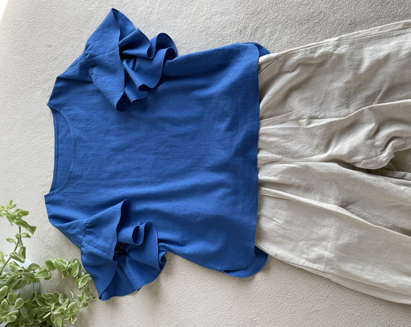 『晴れやかブルー2024』ワッシャータンブラーコットン送料無料新色素敵なフリル袖のブラウスロイヤルブルー 10枚目の画像