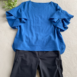 『晴れやかブルー2024』ワッシャータンブラーコットン送料無料新色素敵なフリル袖のブラウスロイヤルブルー 5枚目の画像