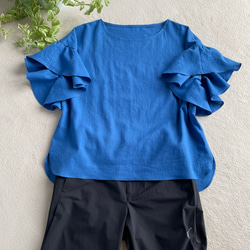 『晴れやかブルー2024』ワッシャータンブラーコットン送料無料新色素敵なフリル袖のブラウスロイヤルブルー 7枚目の画像