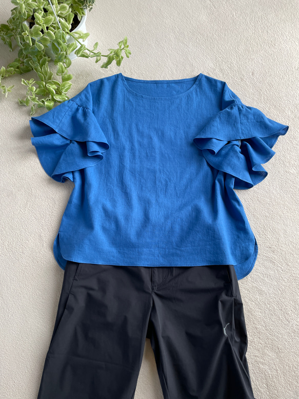 『晴れやかブルー2024』ワッシャータンブラーコットン送料無料新色素敵なフリル袖のブラウスロイヤルブルー 7枚目の画像