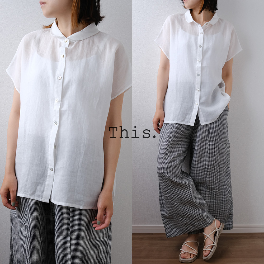 【this❤️大人可愛い_リネン】 春夏新作シャツブラウス シンプル 袖あり 麻 涼しい T2303 W