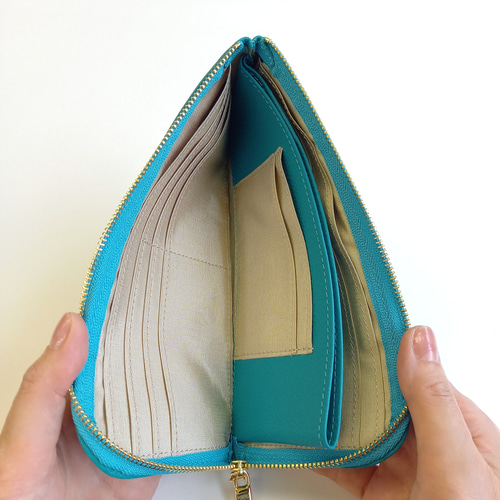 軽くて薄い長財布(ターコイズ) 国産牛革シュリンク 14枚カードポケット