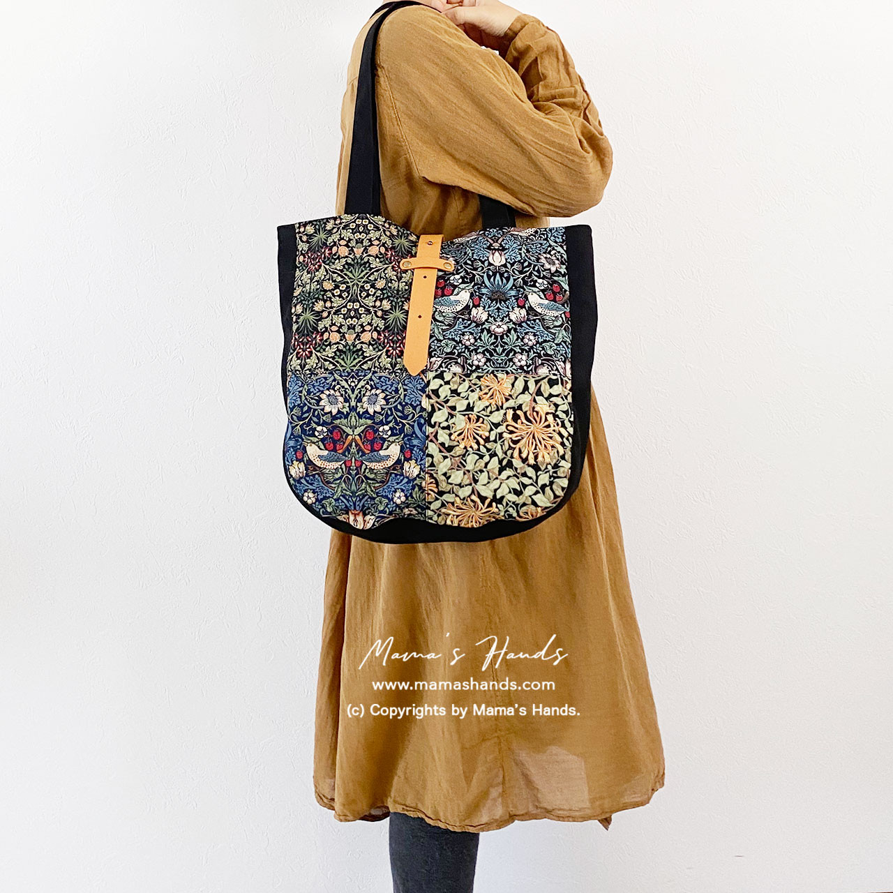 ⭐️5点売れました⭐️ ウィリアムモリス パッチワーク 黒 ピンパーネル いちご泥棒 革 (中) 軽い トートバック