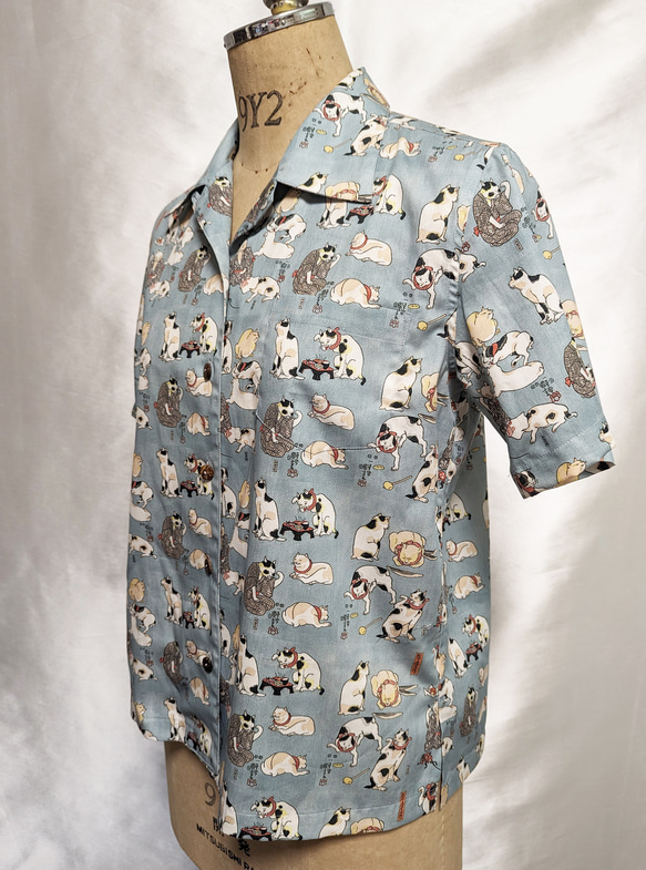 CHIGRACCI「 ニャロハシャツ 」猫柄アロハシャツ 　オリジナルプリント　国芳グリーン柄　レディースサイズ 5枚目の画像