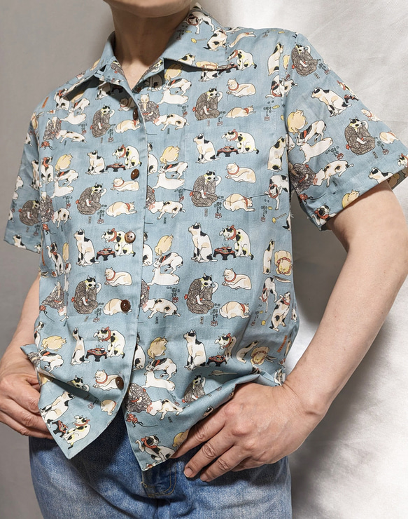CHIGRACCI「 ニャロハシャツ 」猫柄アロハシャツ 　オリジナルプリント　国芳グリーン柄　レディースサイズ 1枚目の画像