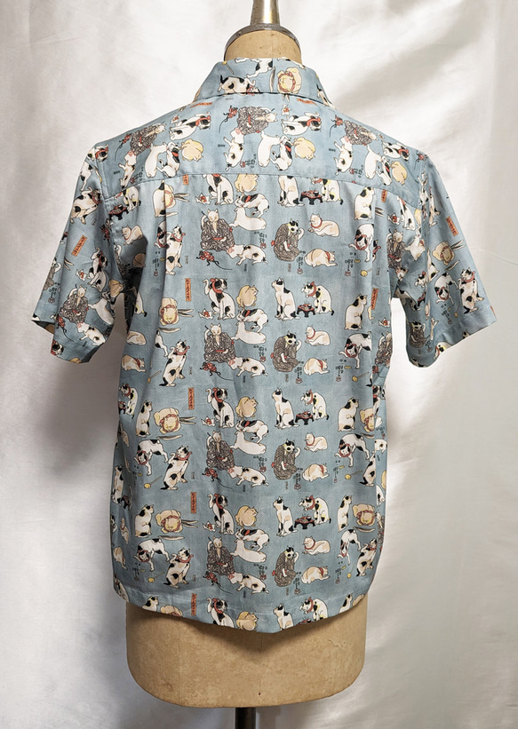 CHIGRACCI「 ニャロハシャツ 」猫柄アロハシャツ 　オリジナルプリント　国芳グリーン柄　レディースサイズ 4枚目の画像