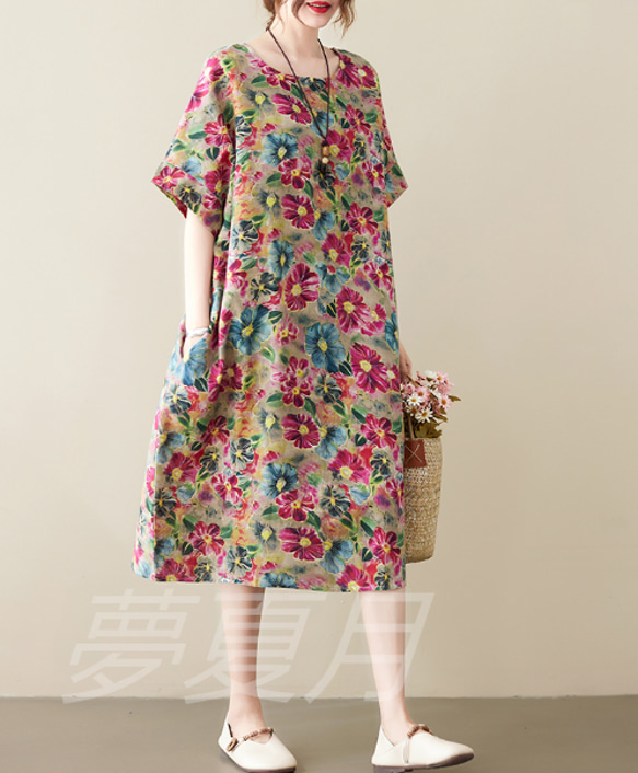 夏ゆったりとした綿麻ワンピース半袖中丈ワンピース ワンピース 夢夏月  