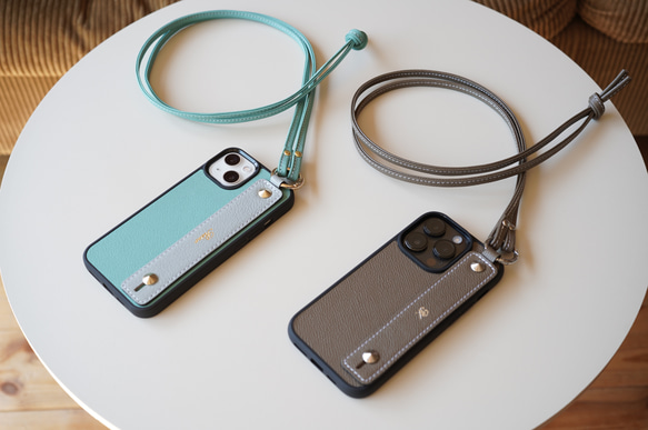 ショルダーストラップ付きプレミアムレザーハイブリッドiPhoneケース 本革  TPU カラーオーダー　スマホショルダー 1枚目の画像