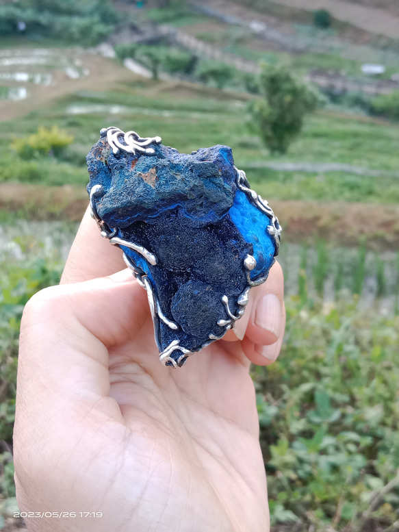 藍銅礦原礦手工銀戒 純銀戒指~ 「思念」~ Azurite Mineral Silver Ring 第1張的照片