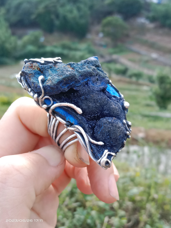 藍銅礦原礦手工銀戒 純銀戒指~ 「思念」~ Azurite Mineral Silver Ring 第7張的照片