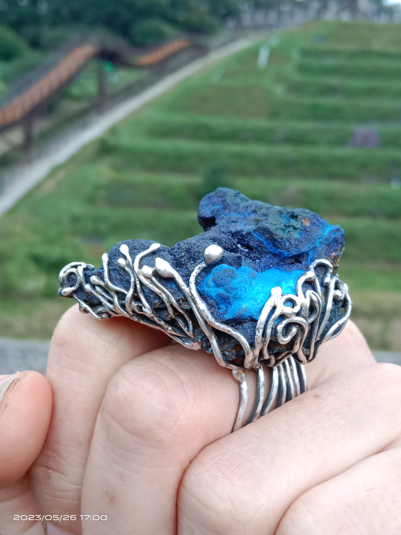 藍銅礦原礦手工銀戒 純銀戒指~ 「思念」~ Azurite Mineral Silver Ring 第13張的照片