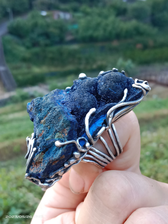 藍銅礦原礦手工銀戒 純銀戒指~ 「思念」~ Azurite Mineral Silver Ring 第3張的照片