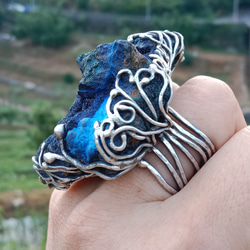 藍銅礦原礦手工銀戒 純銀戒指~ 「思念」~ Azurite Mineral Silver Ring 第8張的照片