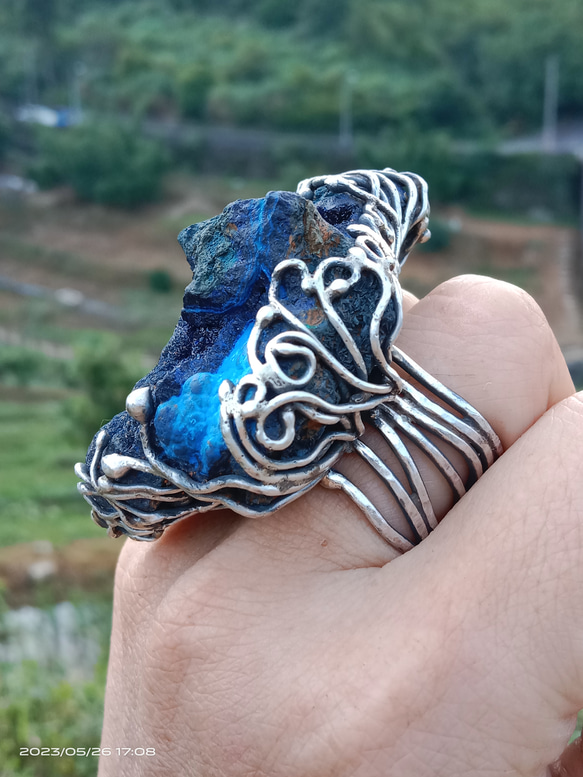 藍銅礦原礦手工銀戒 純銀戒指~ 「思念」~ Azurite Mineral Silver Ring 第8張的照片