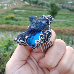 藍銅礦原礦手工銀戒 純銀戒指~ 「思念」~ Azurite Mineral Silver Ring 第2張的照片