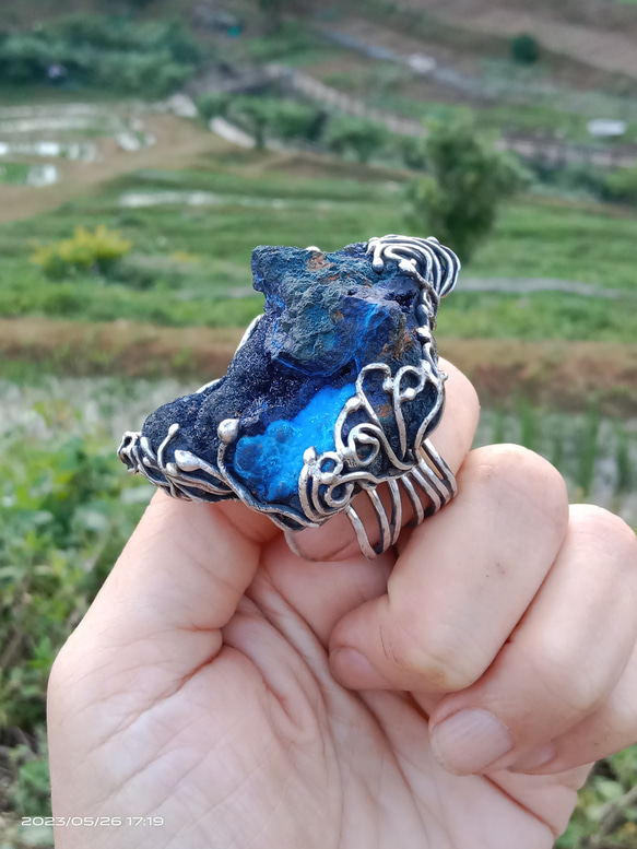 藍銅礦原礦手工銀戒 純銀戒指~ 「思念」~ Azurite Mineral Silver Ring 第2張的照片