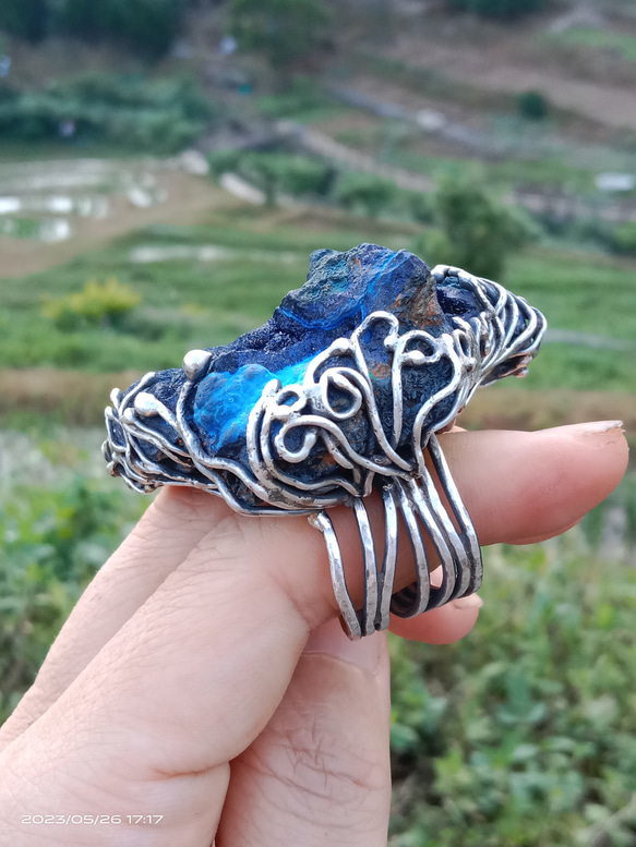 藍銅礦原礦手工銀戒 純銀戒指~ 「思念」~ Azurite Mineral Silver Ring 第4張的照片