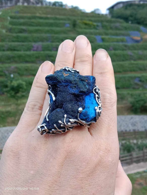 藍銅礦原礦手工銀戒 純銀戒指~ 「思念」~ Azurite Mineral Silver Ring 第20張的照片