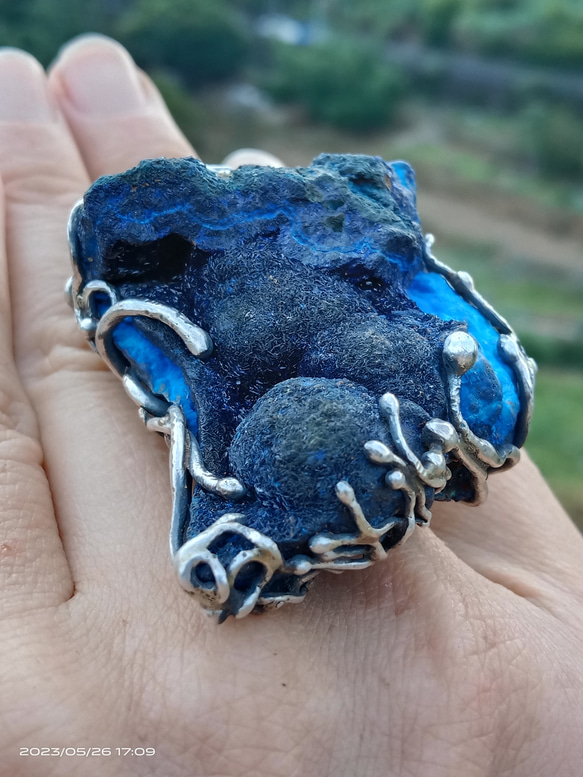 藍銅礦原礦手工銀戒 純銀戒指~ 「思念」~ Azurite Mineral Silver Ring 第17張的照片