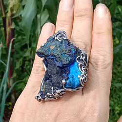 藍銅礦原礦手工銀戒 純銀戒指~ 「思念」~ Azurite Mineral Silver Ring 第10張的照片