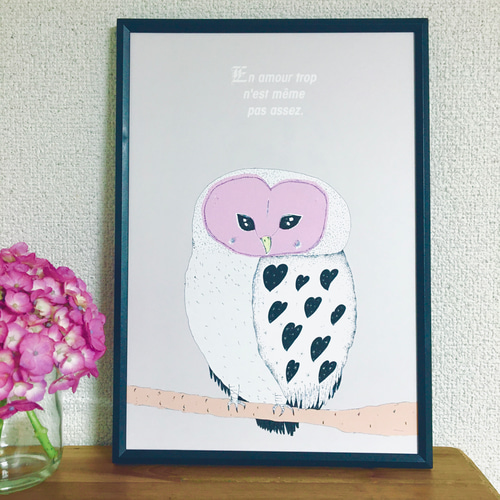 ハートのフクロウさん グレー アートポスター オリジナルイラスト A4