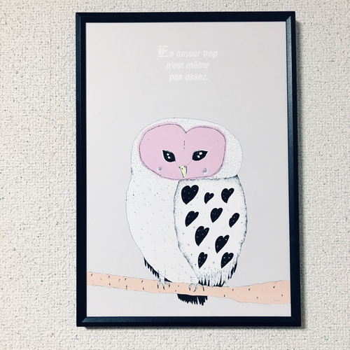ハートのフクロウさん グレー アートポスター オリジナルイラスト A4