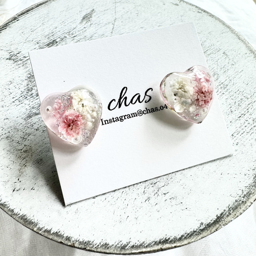 クマちゃん かすみ草 ピンク レジン ハート リボン じゃらじゃら ピアス