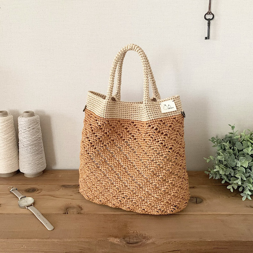 ダイヤ柄かごバッグ：オレンジ×ナチュラル 5,616円