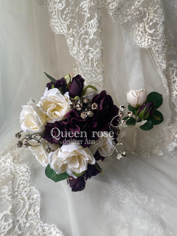【送料無料】Queen rose 大人シックなブーケ&ブートニア2点セット　世界にひとつ⭐︎ 2枚目の画像