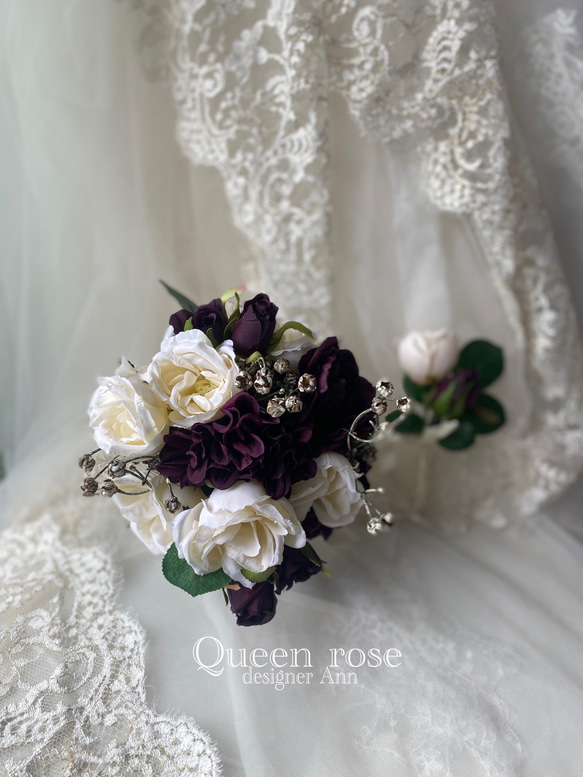 【送料無料】Queen rose 大人シックなブーケ&ブートニア2点セット　世界にひとつ⭐︎ 3枚目の画像
